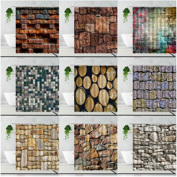 

shower curtains retro stone brick wall curtain nostalgic stones grain bathroom background bath screen garden with hooks washable
