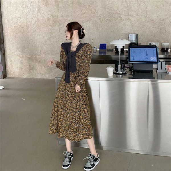 

casual dresses vintage floral print maxi women long sleeve robe, Black;gray