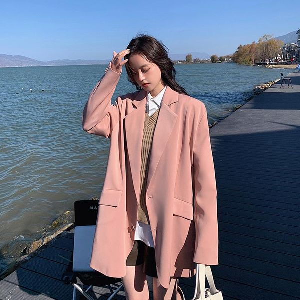 

women's suits & blazers women blazer jacket pink colorcasual work suit coat big pockets long sleeve fashion female ropa de mujer, White;black