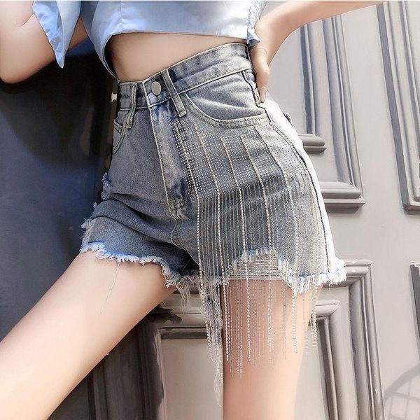 

women's jeans 2021 fashion women tassel chain ripped hole denim shorts summer casual high waist korean harajuku jean femme y750, Blue