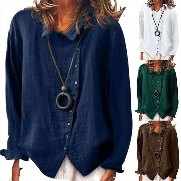 

women solid color long sleeve irregular single-breasted cotton linen shirt blouse, White