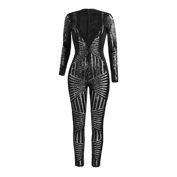 

women's jumpsuits & rompers womens bodycon spandex jumpsuit femme sequined hollow out long sleeve club deep v neck overalls for women a, Black;white