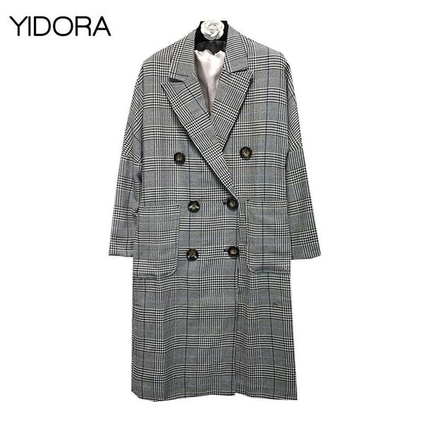 

women's trench coats fall 2021 women double-breasted loose gingham checkered blazer coat outerwear - ladies plaid, Tan;black