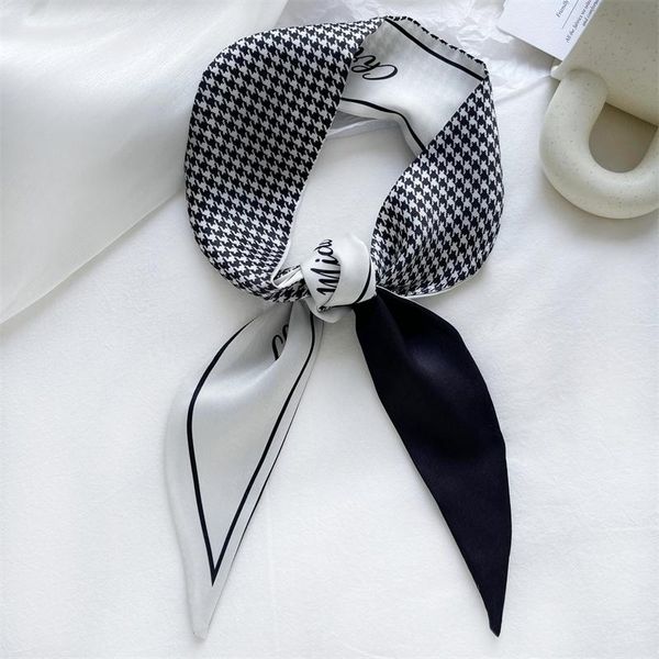 

scarves &dolphin women narrow long scarf 100x6cm french style plaid strip chiffon silky tie letter print bag ribbon headband choker, Blue;gray