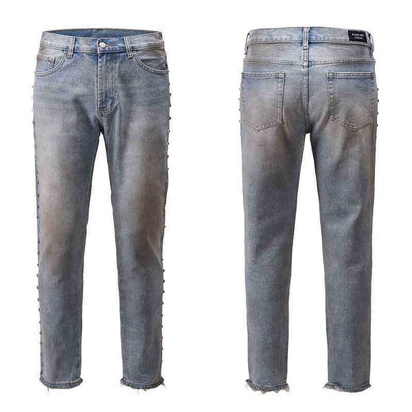 

ins high street style galery dept fashion rivet transform jeans waste soil make old slim legged pants md, Blue