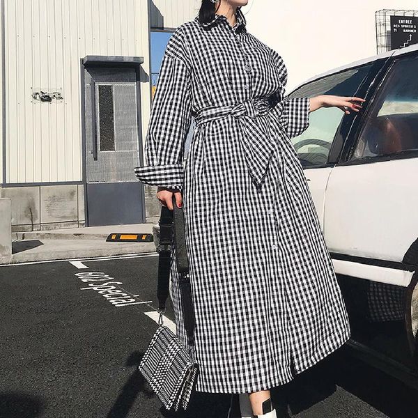 

women's trench coats 2021 autumn women lattice long section windbreaker female lace up jacket ladies loose coat girls outwear, Tan;black