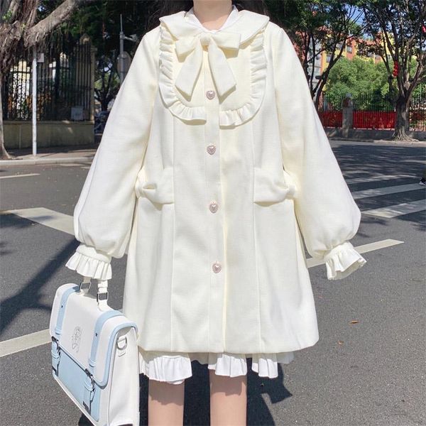 

women's wool & blends kawaii girl lolita woolen coat women 2021 winter doll collar bowknot lose all-match midi thick warm jacket solid, Black