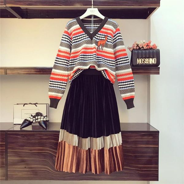 

two piece dress taotrees women knitted v neck hit color striped sweaters+elastic waist patchwork velvet skirt 2pcs set, White