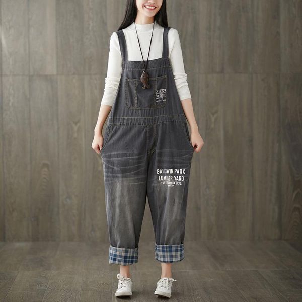 

women's jumpsuits & rompers women casual letter printed vintage denim ladies bleached scratched overalls pants female retro 2021, Black;white