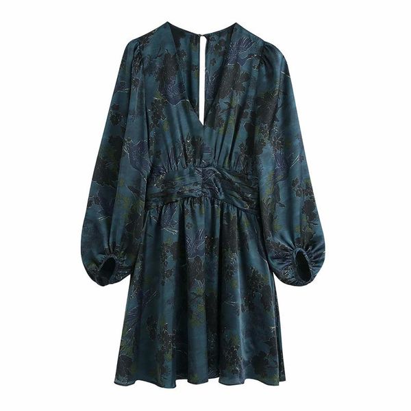 

casual dresses women summer vintage mini print pleated dress long sleeve v-neck floral fashion street female elegant a-line vestidos, Black;gray
