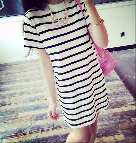 

womens dresses casual crew neck short sleeve striped loose t shirt mini dress drop good quality, Black;gray