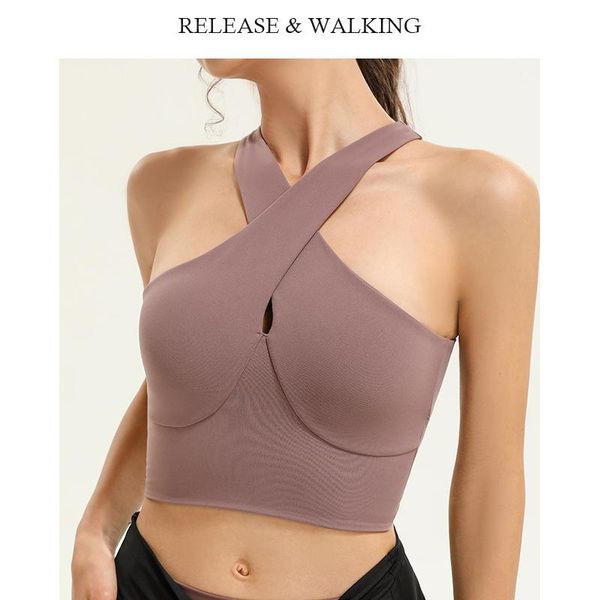 

yoga outfit r&w halter cross fixed high support women sports bras brand design running fitness tight hollow bra vest sleeveless