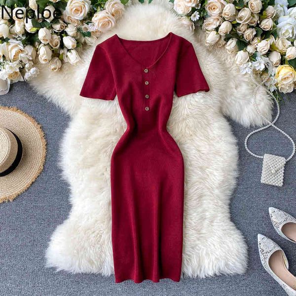 

neploe single breasted knitted dress women fashion v neck sleeveless ladies vestidos elegant slim stretch waist bodycon dresses 210423, Black;gray