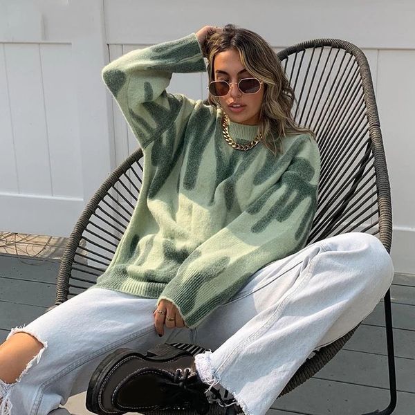 

foridol tie-dyed knitted oversized sweater pullovers women chic green casual winter sweater jumper female clothes 2021, Black