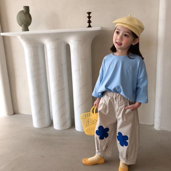 

trousers japan style cute blue flower casual for girls spring cotton loose pants 2-7y