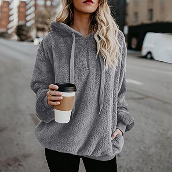

women's hoodies & sweatshirts women hooded sweatshirt coat winter warm wool zipper pockets cotton outwear crewneck sweat capuche, Black