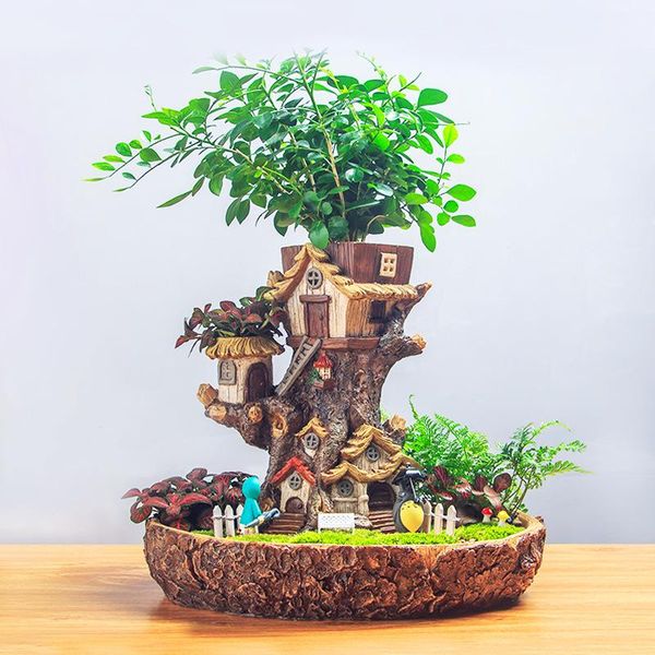 

creative micro-landscape design pastoral resin crafts with lights tree house fleshy flowerpot ornaments cartoon home decor gifts decorative