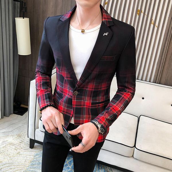 

men's suits & blazers business wedding men blazer masculino 2021 autumn gradient color plaid fashion slim casual dress coat, White;black