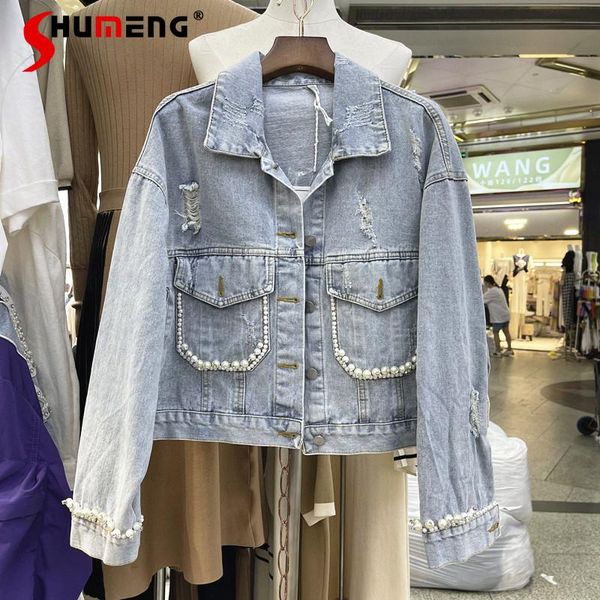 

women's jackets women diamond-studded beads denim coat long sleeve fashion spring autumn winter 2021 beaded jascket woman, Black;brown