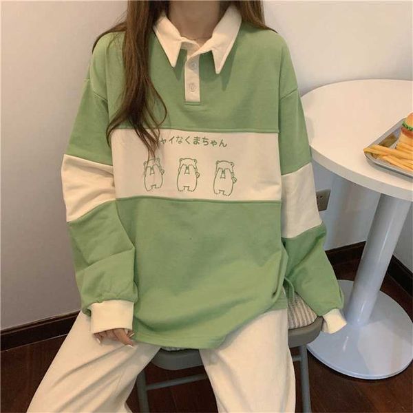 Vintage Polo Kragen Buchstaben Drucken Übergroße Sweatshirt Frauen Mädchen Harajuku Herbst Koreanische Kawaii Kleidung Pullover 211109