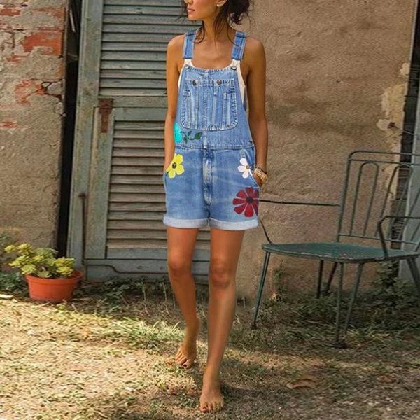 

women's jeans summer denim jumpsuit sleeveless sling shorts 2021 fashion trend curl washed printed workwear for women mothers, Blue