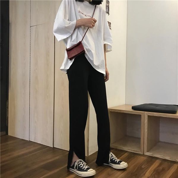 

women's pants & capris women all-match leisure elastic waist trouser full-length womens elegant korean style comfortable summer, Black;white