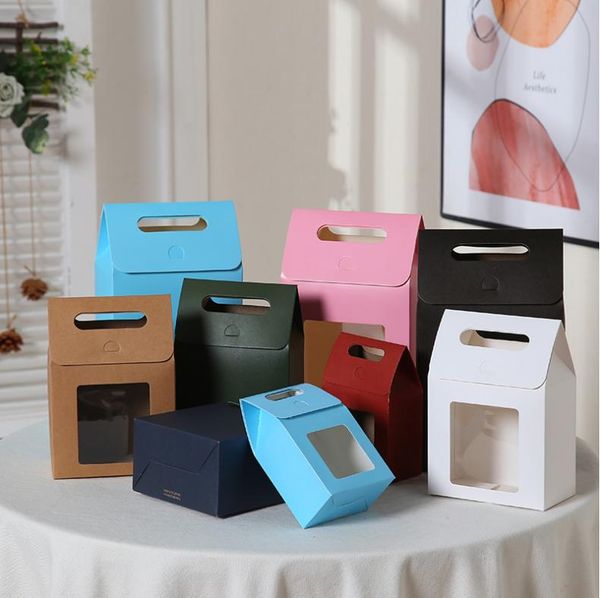 

gift wrap 10pcs portable food small packing box large open window cowhide carton bag simple style kraft handle flap seal