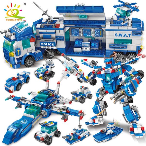 HUIQIBAO 700PCS 8in1 Stadt Polizei Befehl Lkw Bausteine Polizist Roboter Auto Hubschrauber Modell Ziegel Spielzeug für Kinder Q0624