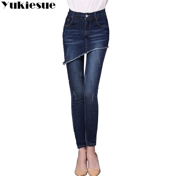 

embroidery female 2017 high wasit vintage denim woman skinny long pencil pants skirts jeans women plus size, Blue