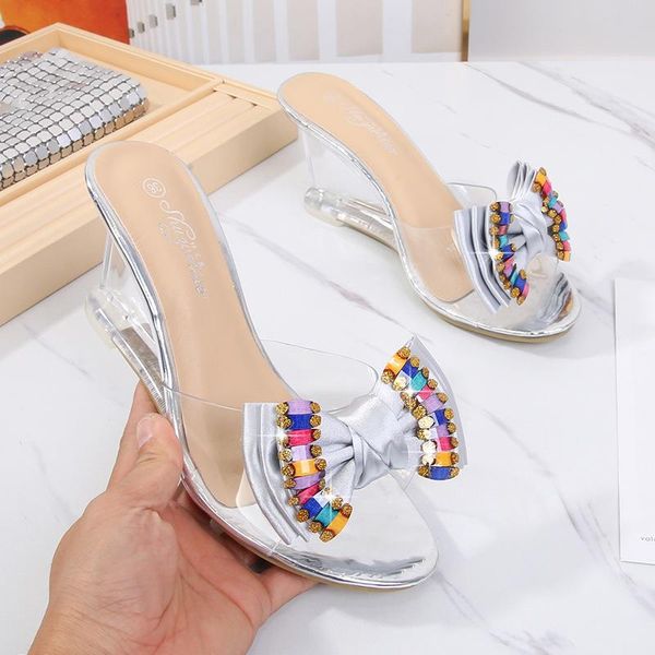 

dress shoes sandals women summer pvc transparent bowknot women's crystal high heels wedges, Black