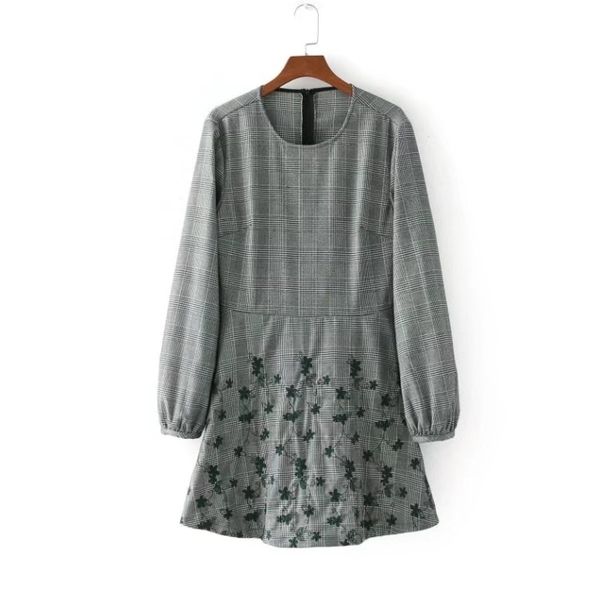 

women vintage floral embroidery long sleeve plaid mini dress party brand casual slim fashion fall dresses ds168 210603, Black;gray
