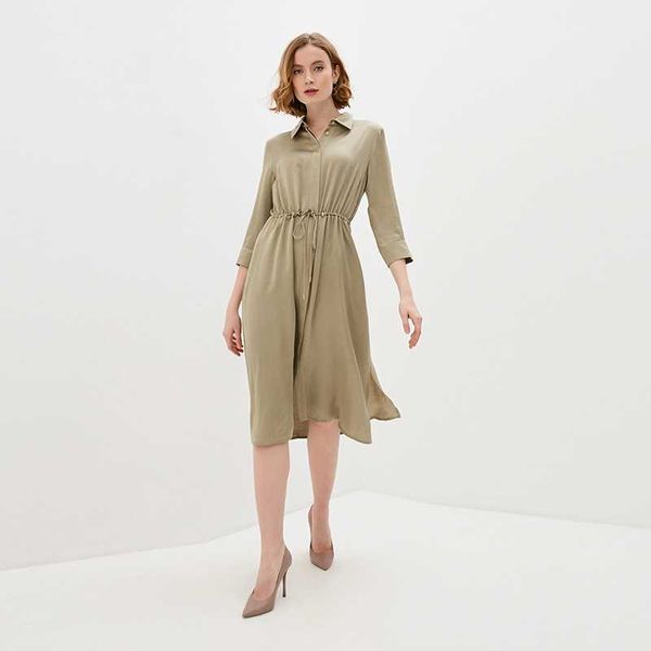 

casual dresses shyloli women solid turn-down collar three quarter sashes mid dress khaki 2021 fashion autumn, Black;gray