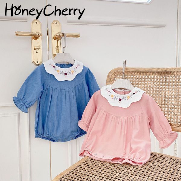

spring girls embroidered round neck long-sleeved bodysuits baby girl clothes 210515, Blue