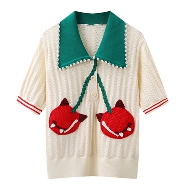 Retro cereja indústria pesada frisada malha suéter verão boneca colar de manga curta thin top mulheres roupas 210520