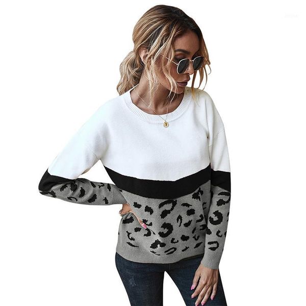 

patchwork women's autumn spring sweaters casual leapard female jumpers knitted loose o neck long sleeve pullovers woman clothing, White;black