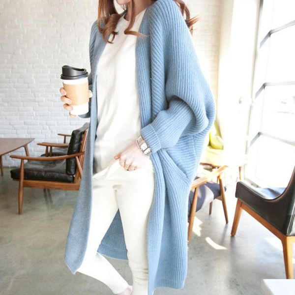 

women's knits & tees spring autumn solid long cardigans for woman plus size casual loose ladies knitted sweater female batwing sleeve, White