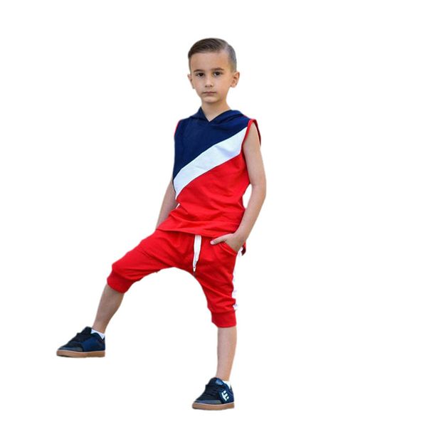 

boys clothing sets baby suits kids clothes wear summer cotton sleeveless hooded sweater sports pants casual suit tracksuit 2pcs b8251, White