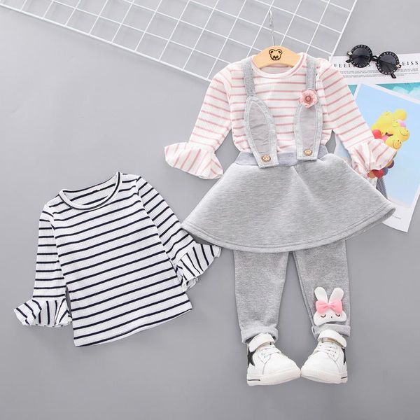 

spring style striped big ears 2pcs sets of small children's mid-length autumn girls clothes suit clothing, White