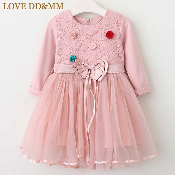 AMORE DDMM Ragazze Abiti Autunno Abbigliamento per bambini Ragazze Dolce Fiore tridimensionale Mosaico Abito a maniche lunghe con fiocco 210715