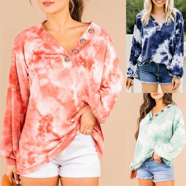 

women's t-shirt women buttons v-neck t-shirts tie-dye print loose pullovers spring fall female casual tees fashion plus size long sleev, White