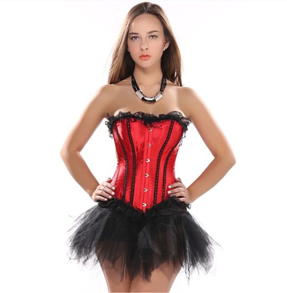 

Satin sext corset red lace up boned lingerie and black lace tutu skirt showgirl dance dress body shaper bustier -2XL, Suit1