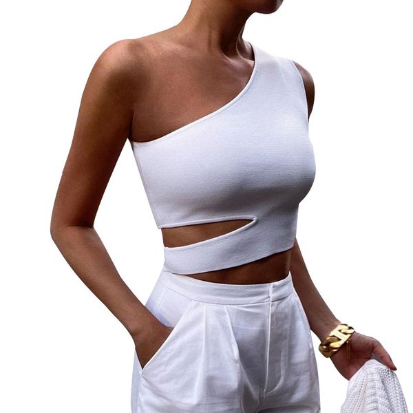 

europe and the united states 2021 new spring and summer asymmetric hollow out diagonal shoulder backless solid color vest women, White