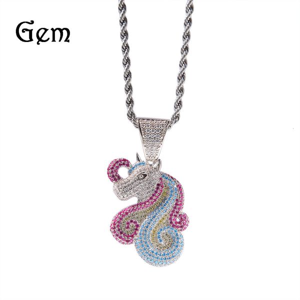 

18k zircon row diamond jewelry hip hop cartoon unicorn pendant necklace, Black