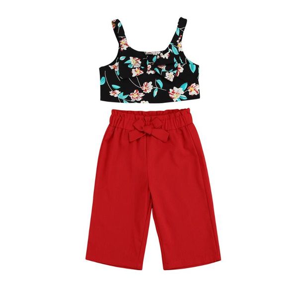 

clothing sets 2021 2-7y fashion kids baby girl set floral print sleeveless crop vest+red solid bow wide leg pants summer 2pcs, White