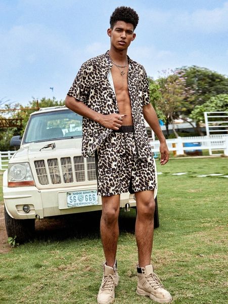 

men leopard shirt with drawstring shorts h1md#, Gray