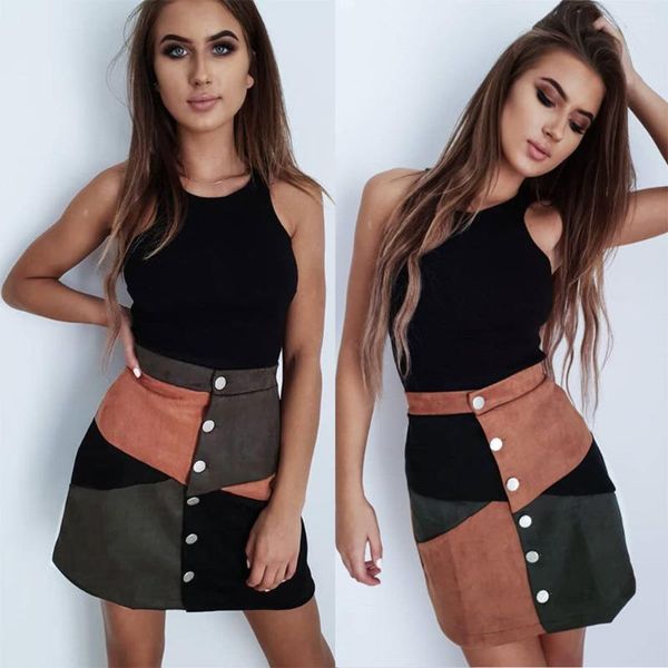 

skirts fashion women autumn winter button color block suede high waist chic short skirt casual ladies a-line mini, Black