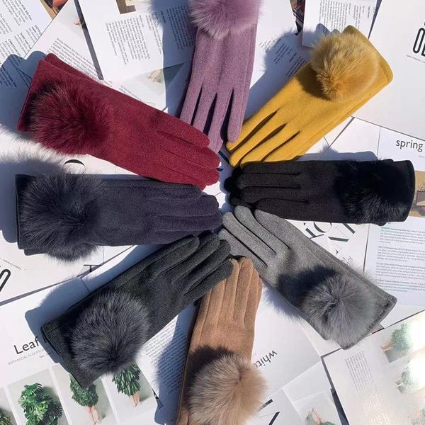 

sports gloves women winter plus velvet keep warm touch screen hairball solid elegant elasticity suede outdoor windproof cycling drive, Black