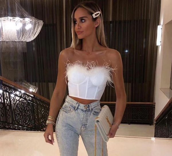 

tanks summer strapless feather black white bandage celebrity designer fashion top