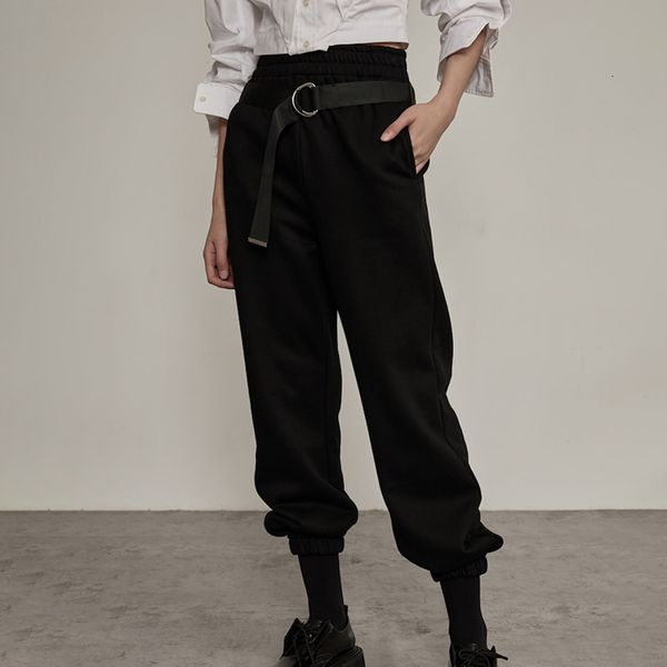 

capris casual black pants for women high waist sashes minimalist loose trousers female fashion clothing 2021 spring, Black;white
