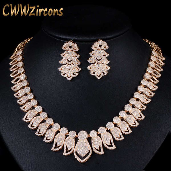 

micro pave cubic zirconia big african dubai gold necklace earrings jewelry sets for women wedding t238 210714, Silver